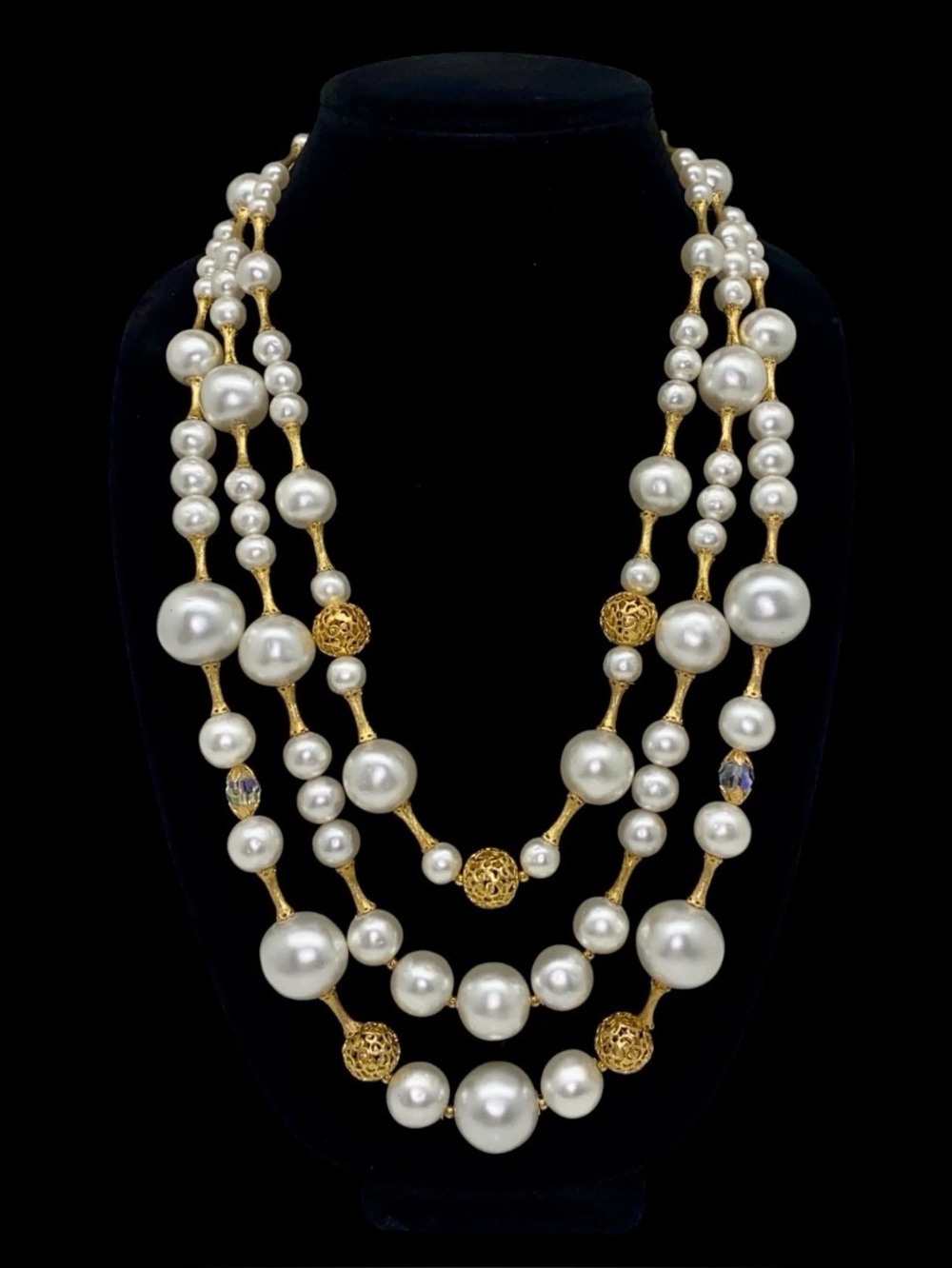 1950's - 3-Strand Faux Pearl, Gold and Glass Crystal Necklace